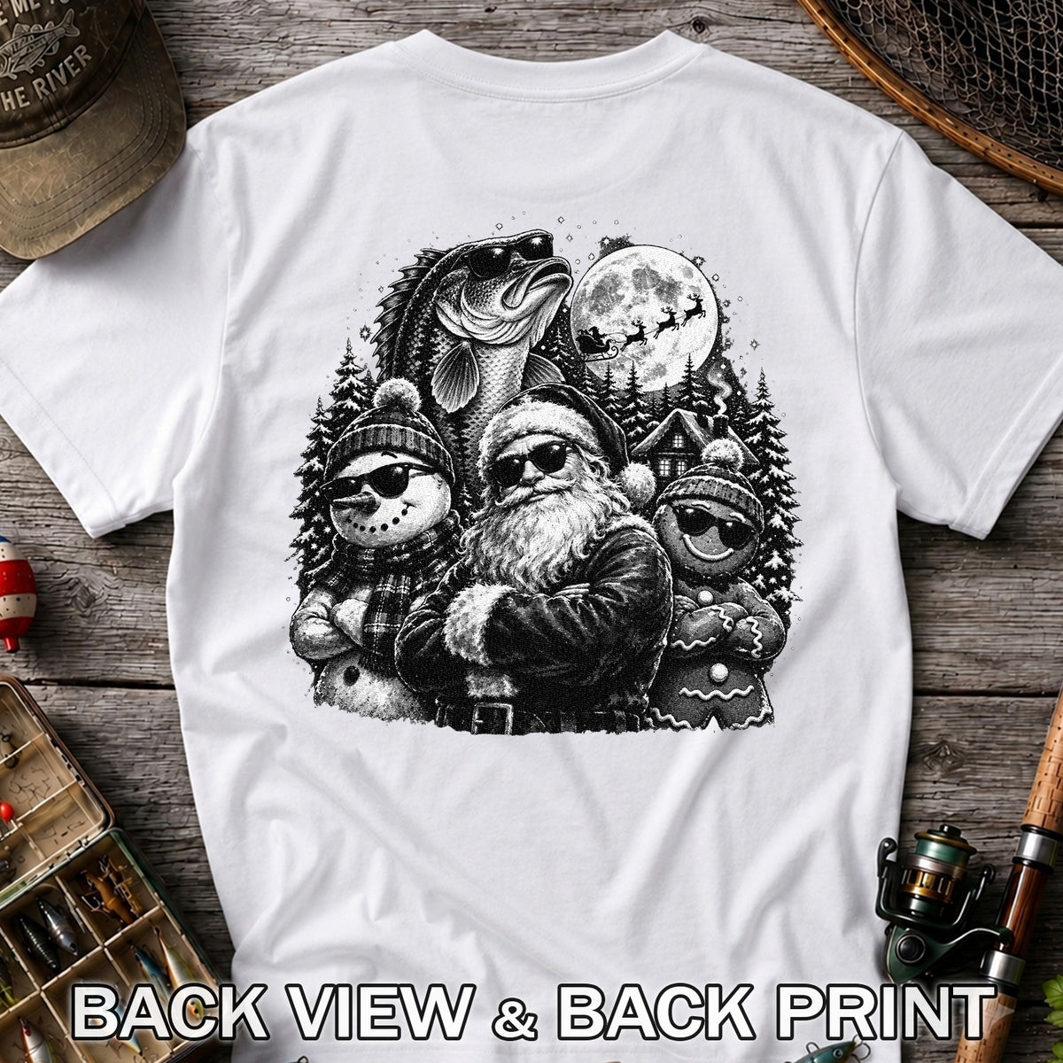 Santa Snowman Gingerbread and Bass Christmas Fishing T-Shirt | Back Print
