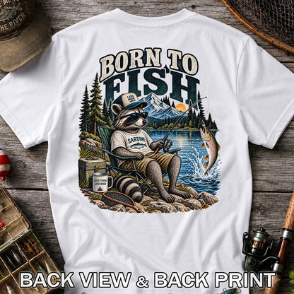 Born to Fish Raccoon in Sunglasses Lake Fishing T-Shirt | Back Print