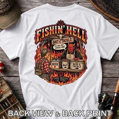 Fishin' Hell Devil Bait and Tackle Funny Fishing T-Shirt | Back Print