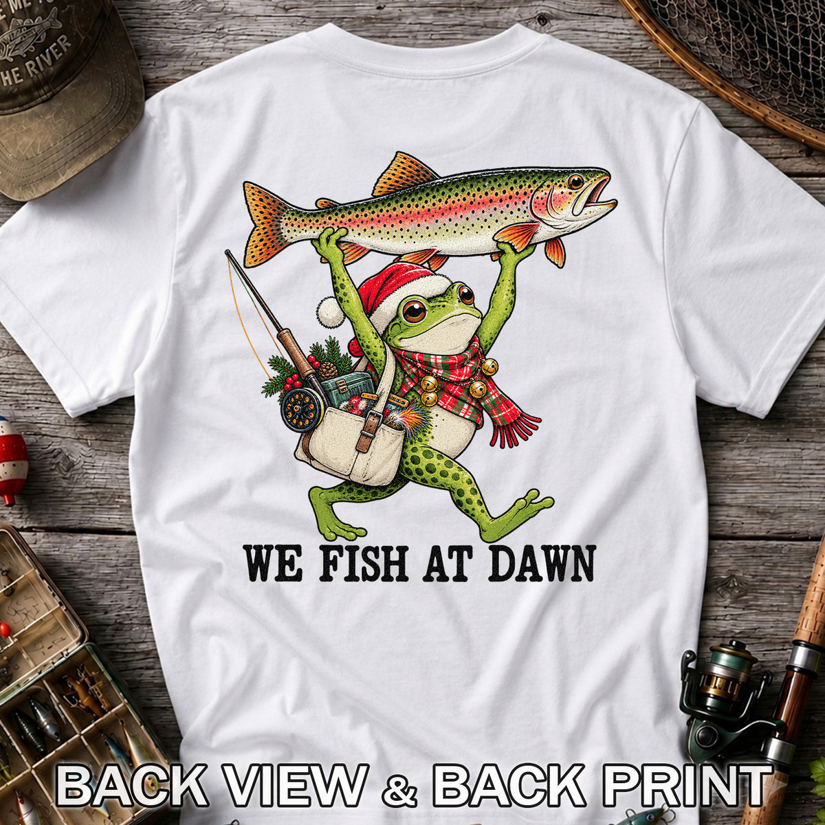Frog Holding Rainbow Trout Fishing at Dawn Graphic T-Shirt | Back Print