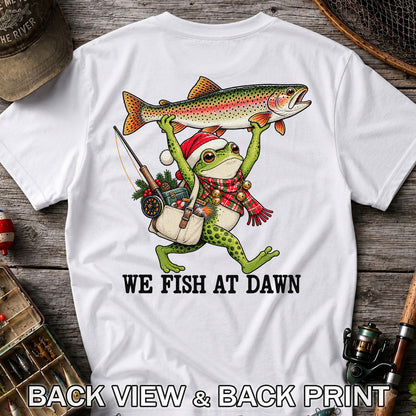 Frog Holding Rainbow Trout Fishing at Dawn Graphic T-Shirt | Back Print
