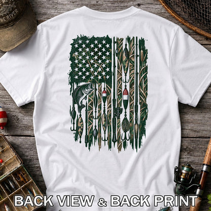 American Flag Bass Fishing Rods and Lures Graphic T-Shirt | Back Print