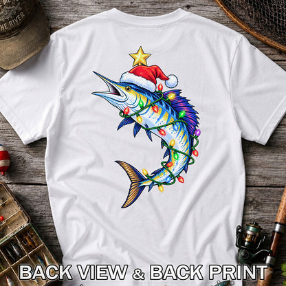 Christmas Marlin Wrapped in Lights Fishing T-Shirt | Back Print