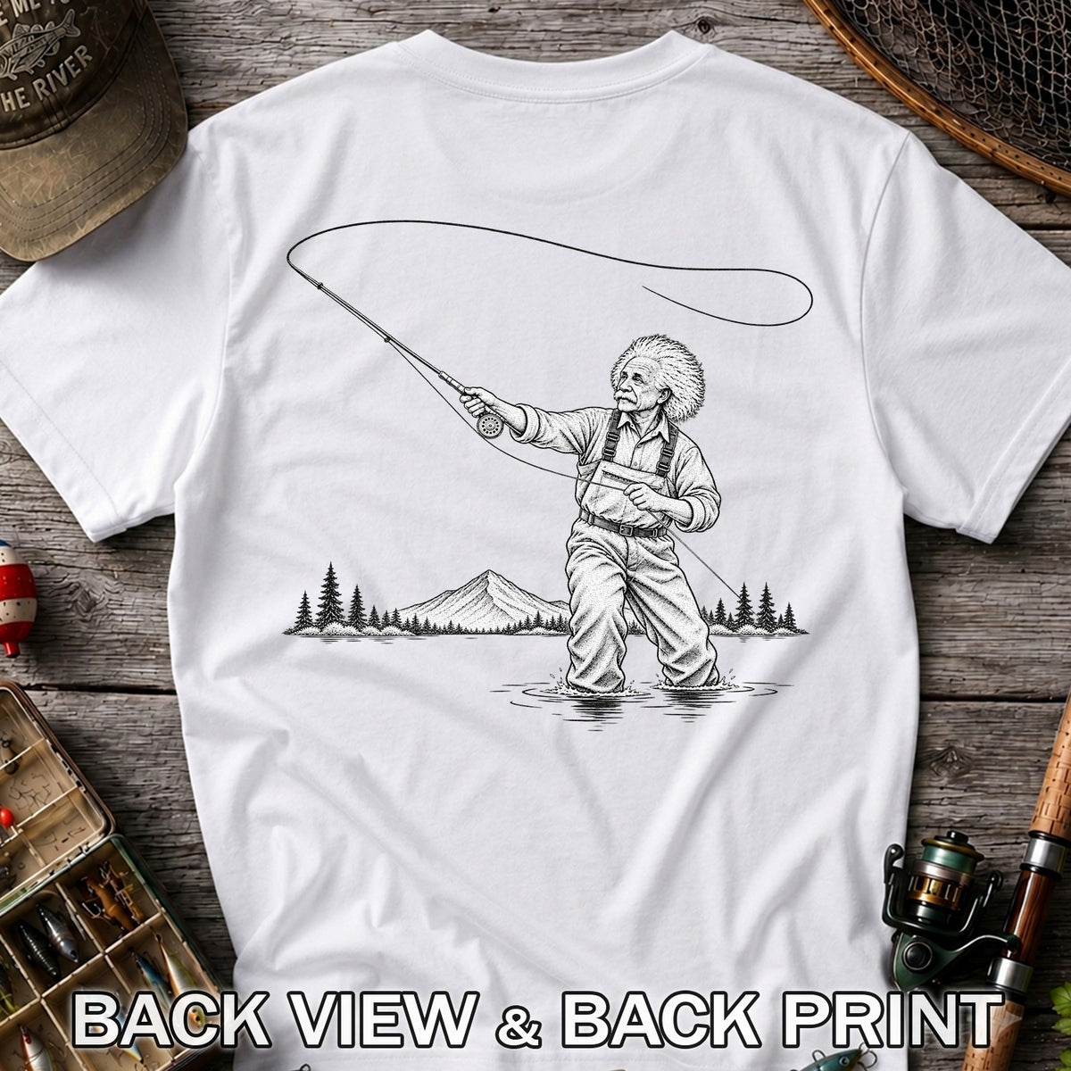Vintage Fly Fisherman Mountain Lake Fishing Graphic T-Shirt | Back Print