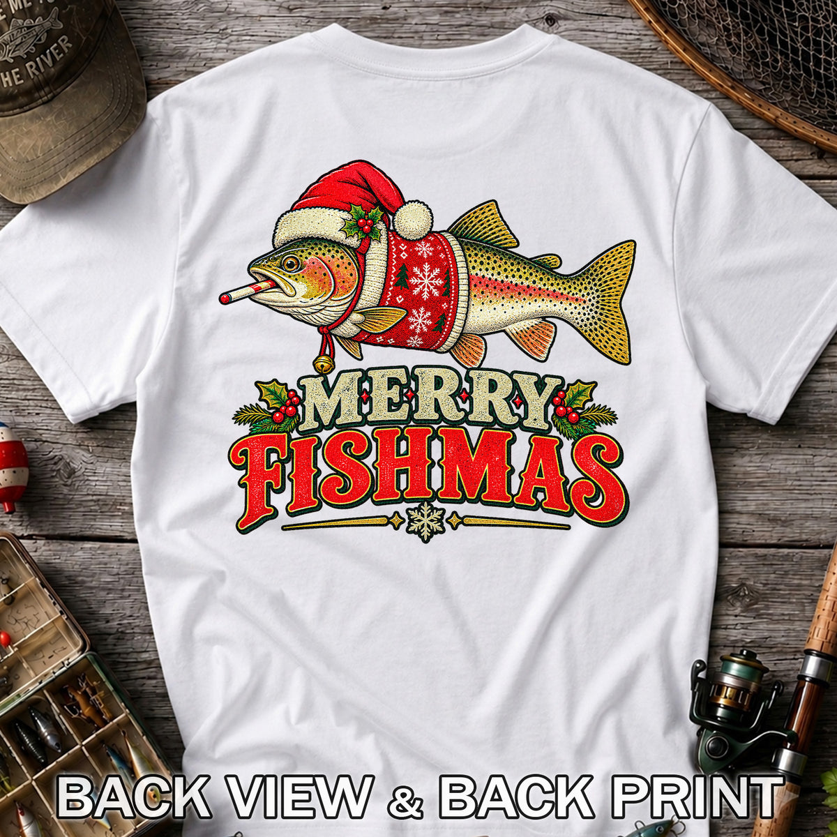 Christmas Trout Santa Fishing Graphic T-Shirt | Back Print