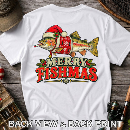 Christmas Trout Santa Fishing Graphic T-Shirt | Back Print