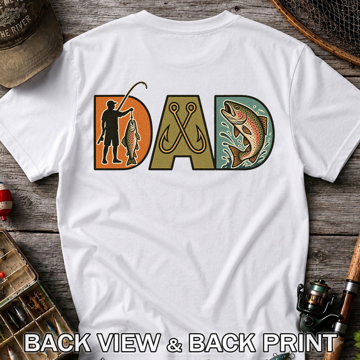 Dad Rainbow Trout and Fishing Hooks Retro Fishing T-Shirt | Back Print