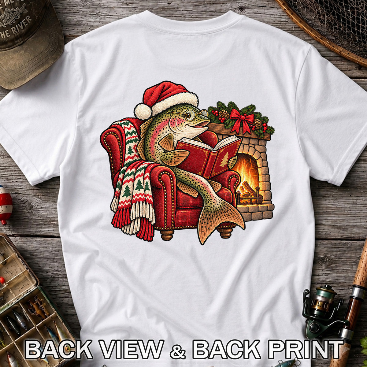 Christmas Trout Reading by the Fireplace Fishing T-Shirt | Back Print
