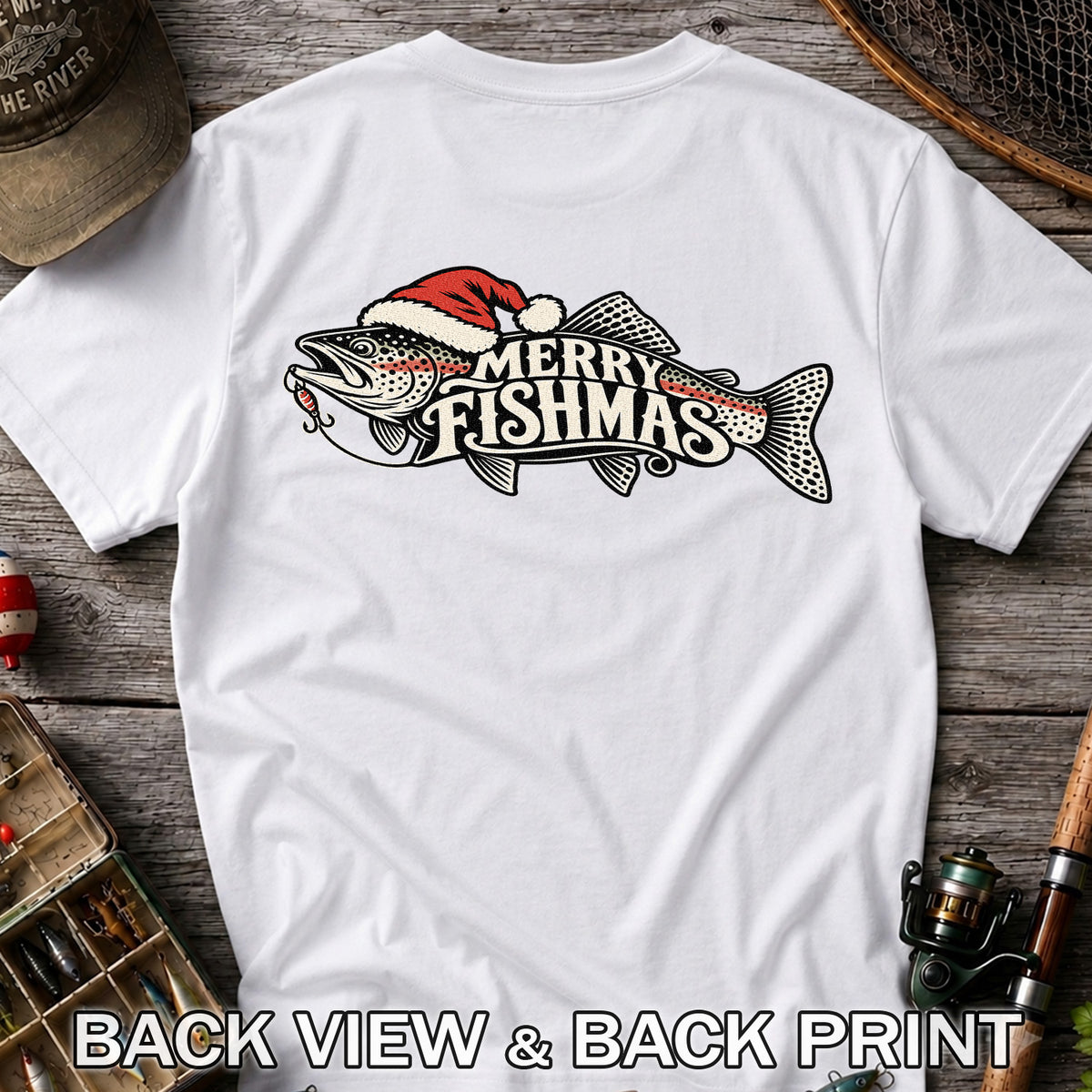 Merry Fishmas Rainbow Trout with Red Santa Hat and Lure Fishing T-Shirt | Back Print