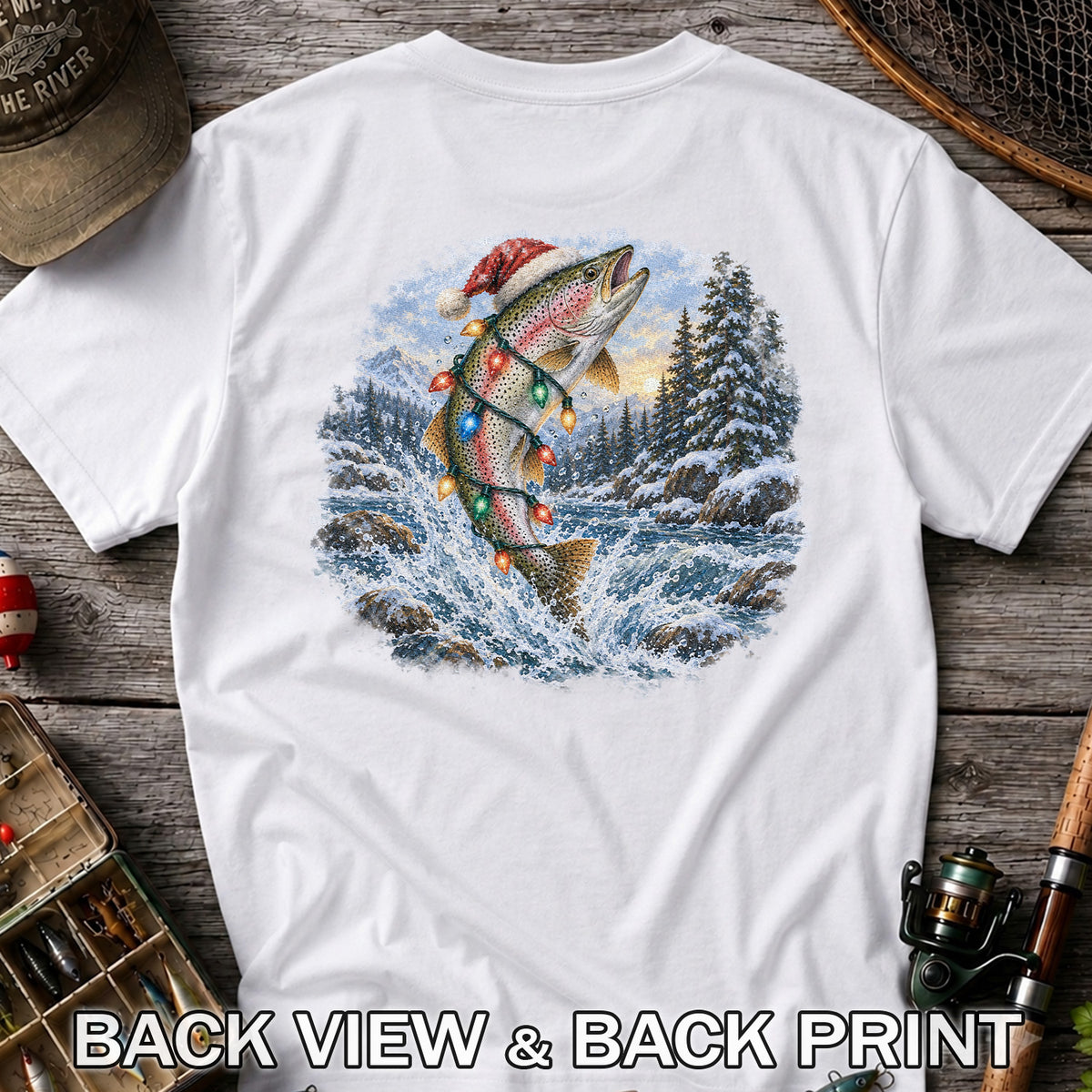 Santa Rainbow Trout with Christmas Lights Fishing T-Shirt | Back Print