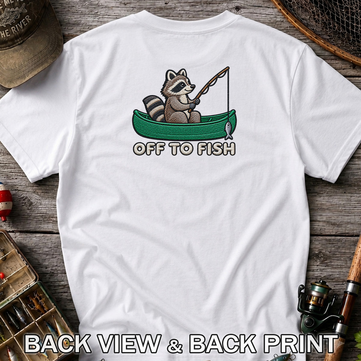 Off to Fish Raccoon in a Canoe Funny Fishing Graphic T-Shirt | Back Print