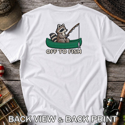 Off to Fish Raccoon in a Canoe Funny Fishing Graphic T-Shirt | Back Print