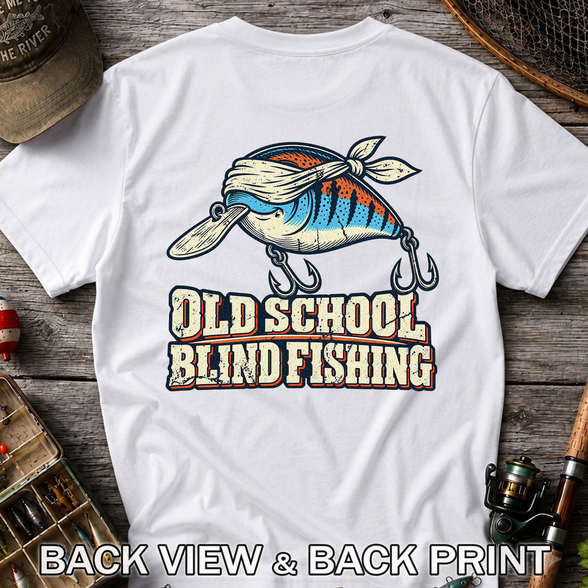 Old School Blind Fishing Blindfolded Lure Graphic T-Shirt | Back Print