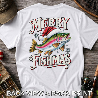 Merry Fishmas Rainbow Trout in a Santa Hat Christmas Fishing T-Shirt | Back Print