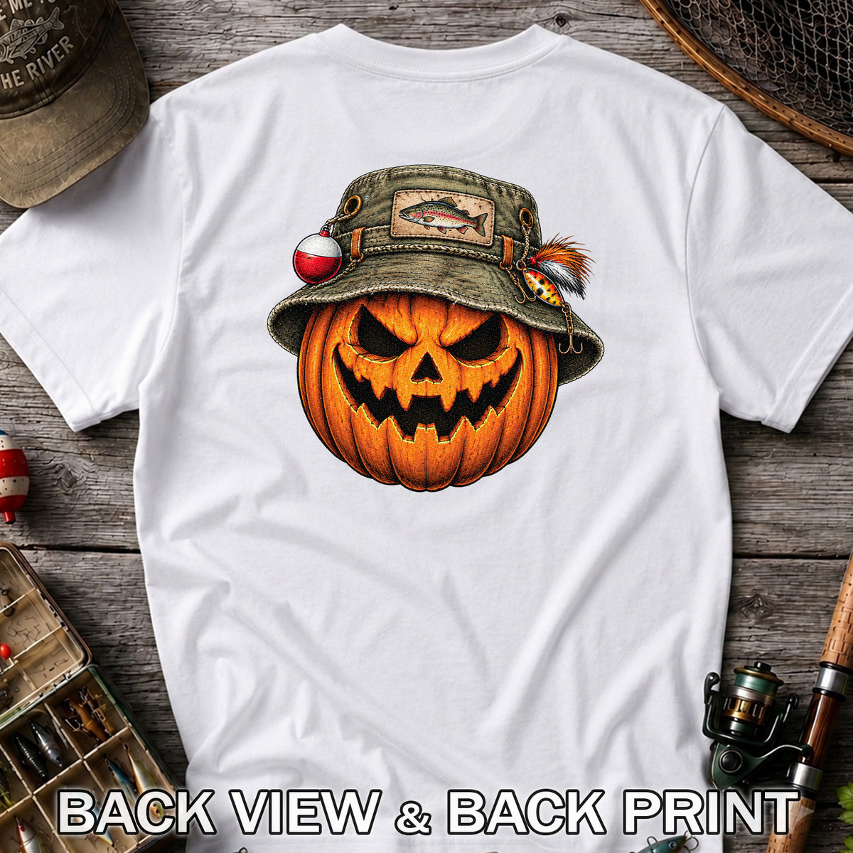 Halloween Pumpkin in a Trout Fishing Hat Graphic T-Shirt | Back Print