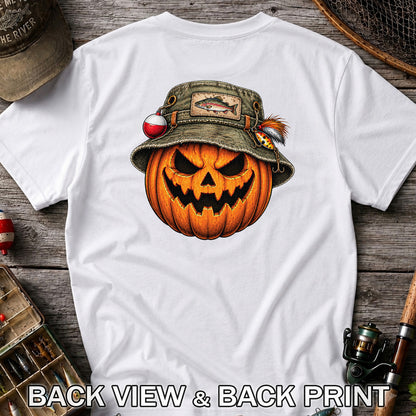 Halloween Pumpkin in a Trout Fishing Hat Graphic T-Shirt | Back Print