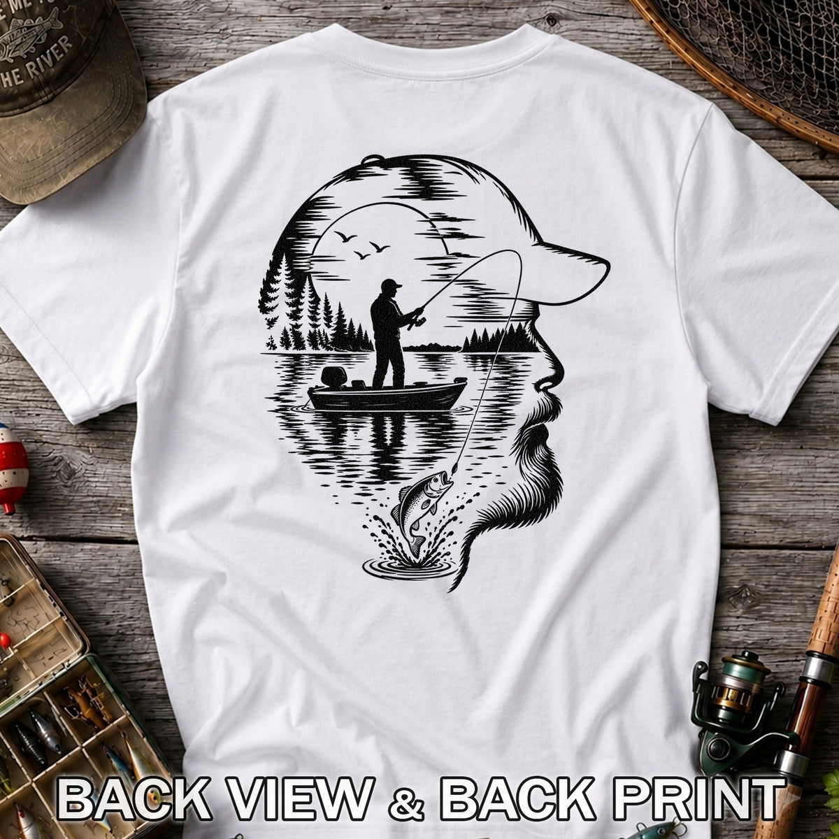 Bearded Angler Silhouette with Lake Fishing Scene Graphic T-Shirt | Back Print