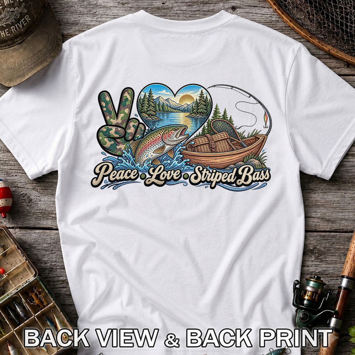 Peace Love Striped Bass Lake and Boat Fishing Graphic T-Shirt | Back Print