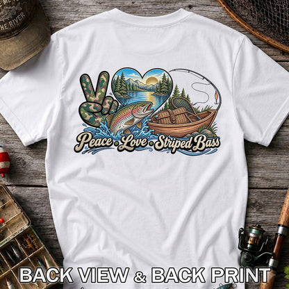 Peace Love Striped Bass Lake and Boat Fishing Graphic T-Shirt | Back Print