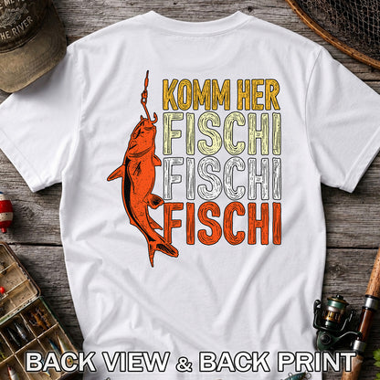 Komm Her Fischi Fischi Funny Catfish Fishing Graphic T-Shirt | Back Print