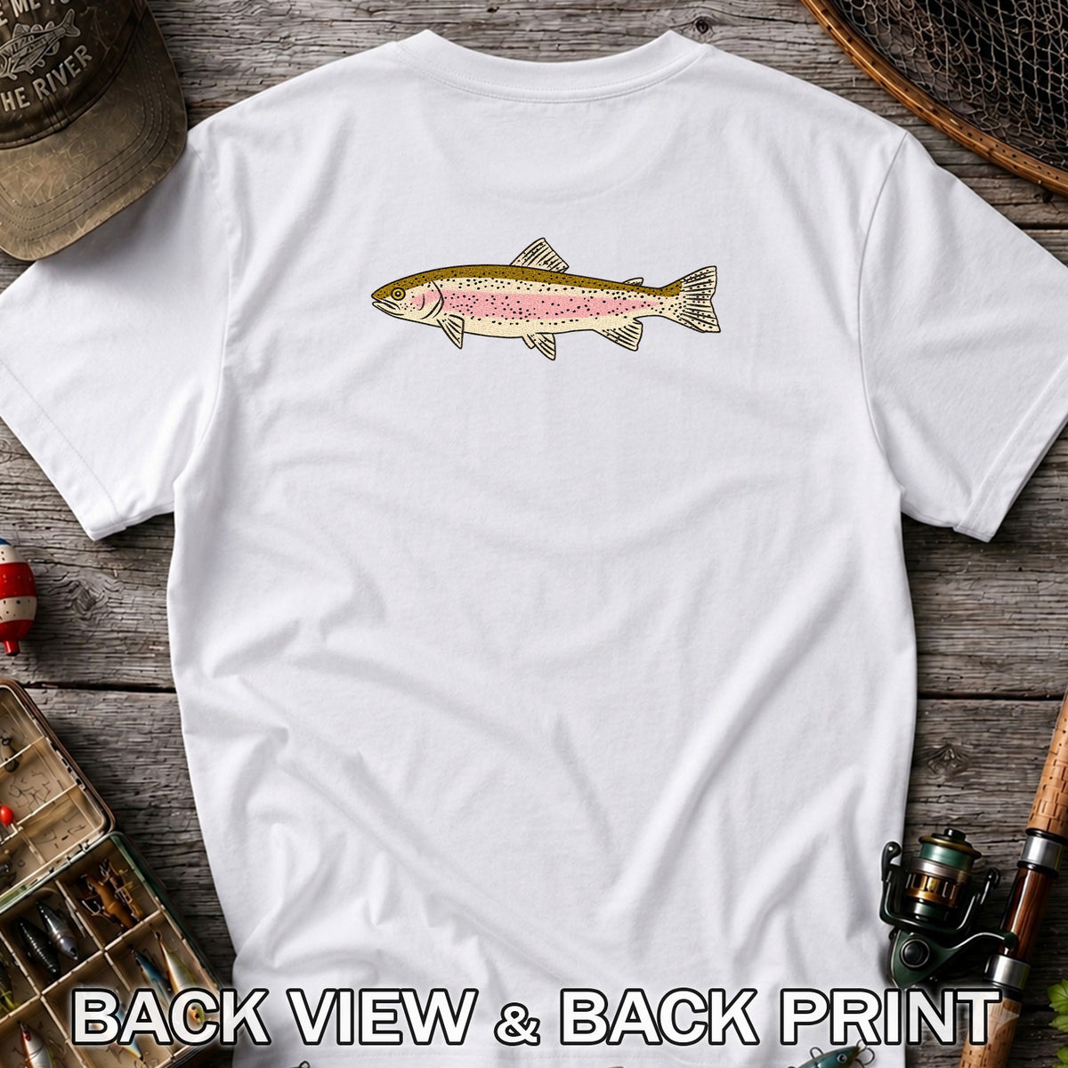 Rainbow Trout Freshwater Fishing Graphic T-Shirt | Back Print