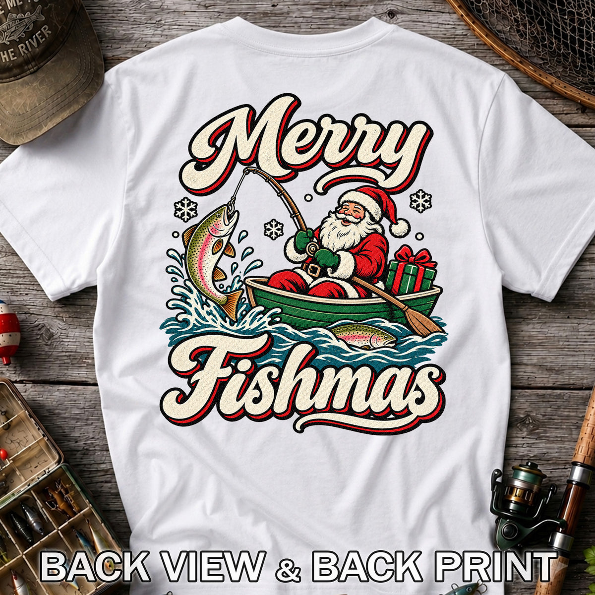 Merry Fishmas Santa Catching Rainbow Trout in a Boat Fishing T-Shirt | Back Print