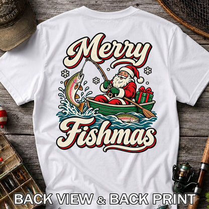 Merry Fishmas Santa Catching Rainbow Trout in a Boat Fishing T-Shirt | Back Print