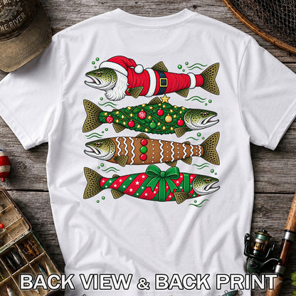 Christmas Trout Santa Tree and Gift Wrap Fishing T-Shirt | Back Print
