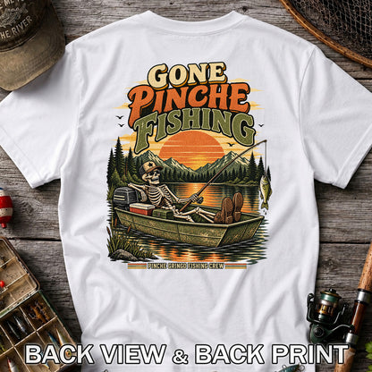 Gone Pinche Fishing Skeleton in a Boat Retro Graphic T-Shirt | Back Print