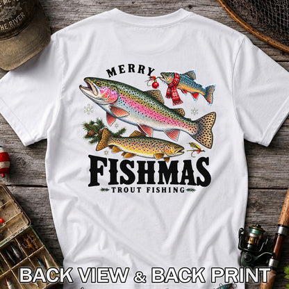 Merry Fishmas Trout Fishing Christmas Graphic T-Shirt | Back Print