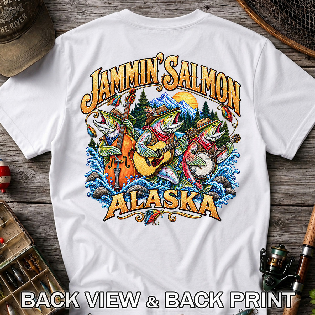 Salmon Music Band Alaska Fishing Graphic T-Shirt | Back Print