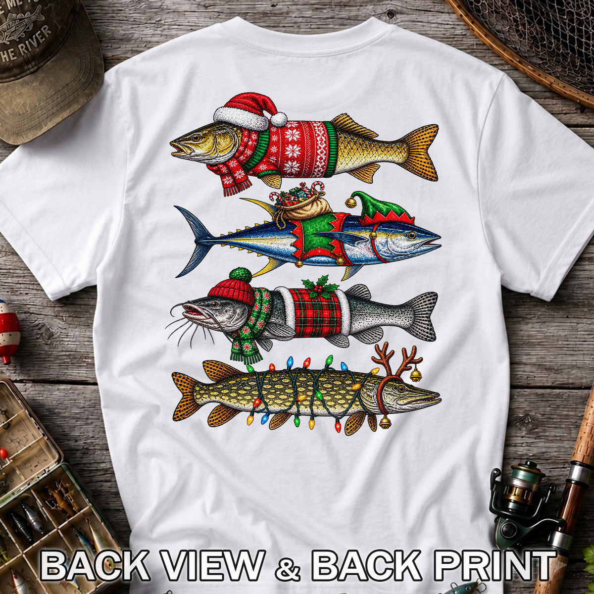Christmas Fish in Festive Sweaters Fishing Graphic T-Shirt | Back Print