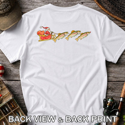 Santa Sleigh Pulling Rainbow Trout Fishing Graphic T-Shirt | Back Print