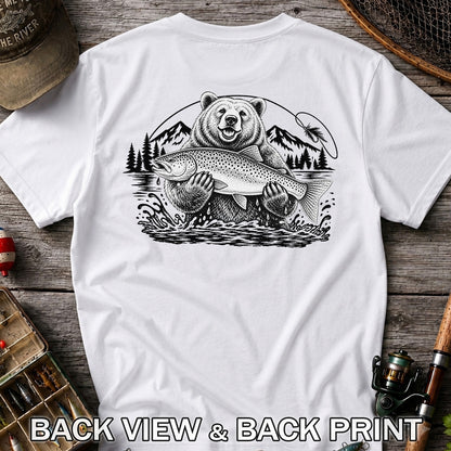 Bear Holding Trout in Mountain Lake Fishing Graphic T-Shirt | Back Print