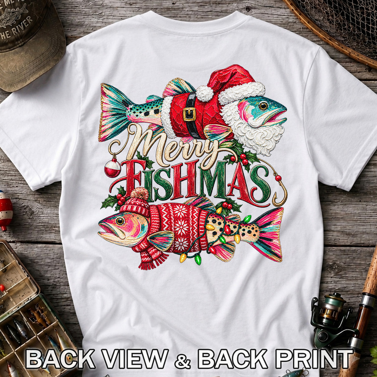 Merry Fishmas Santa Fish Christmas Fishing Graphic T-Shirt | Back Print