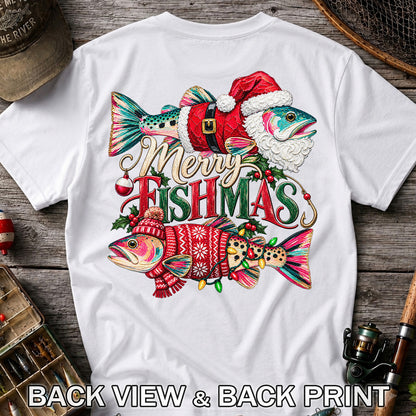 Merry Fishmas Santa Fish Christmas Fishing Graphic T-Shirt | Back Print