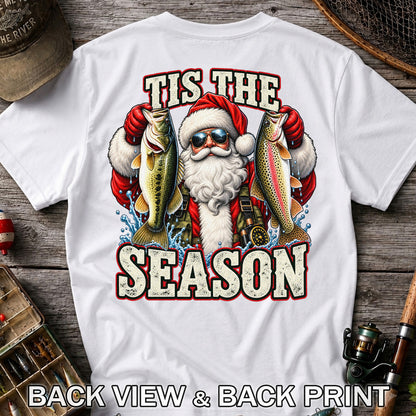 Tis the Season Santa Holding Bass and Rainbow Trout Christmas Fishing T-Shirt | Back Print