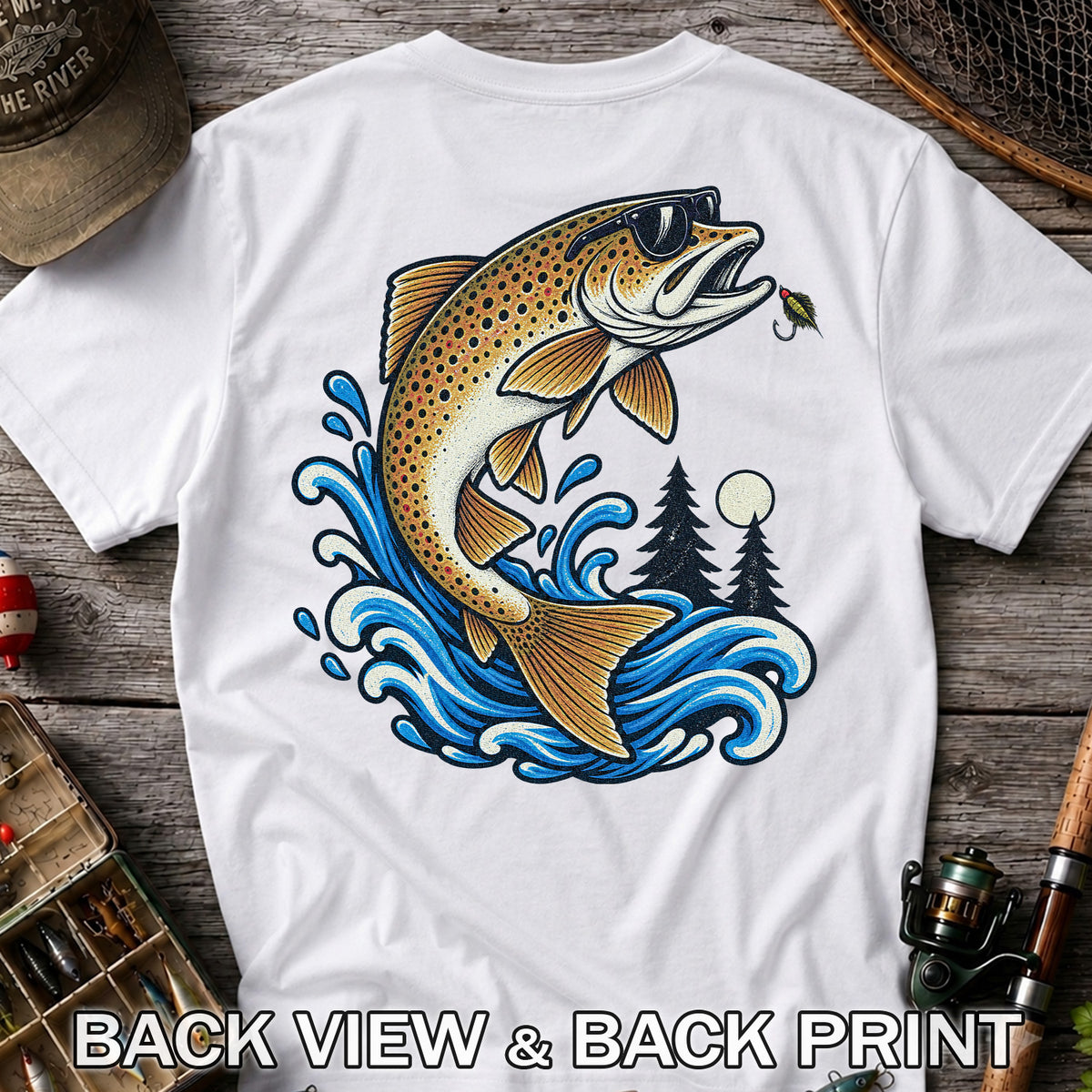 Brown Trout Sunglasses Fishing Graphic T-Shirt with Lure | Back Print