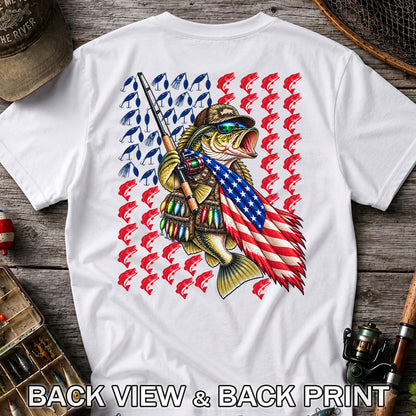 Patriotic Bass Fishing Graphic T-Shirt with American Flag Design | Back Print