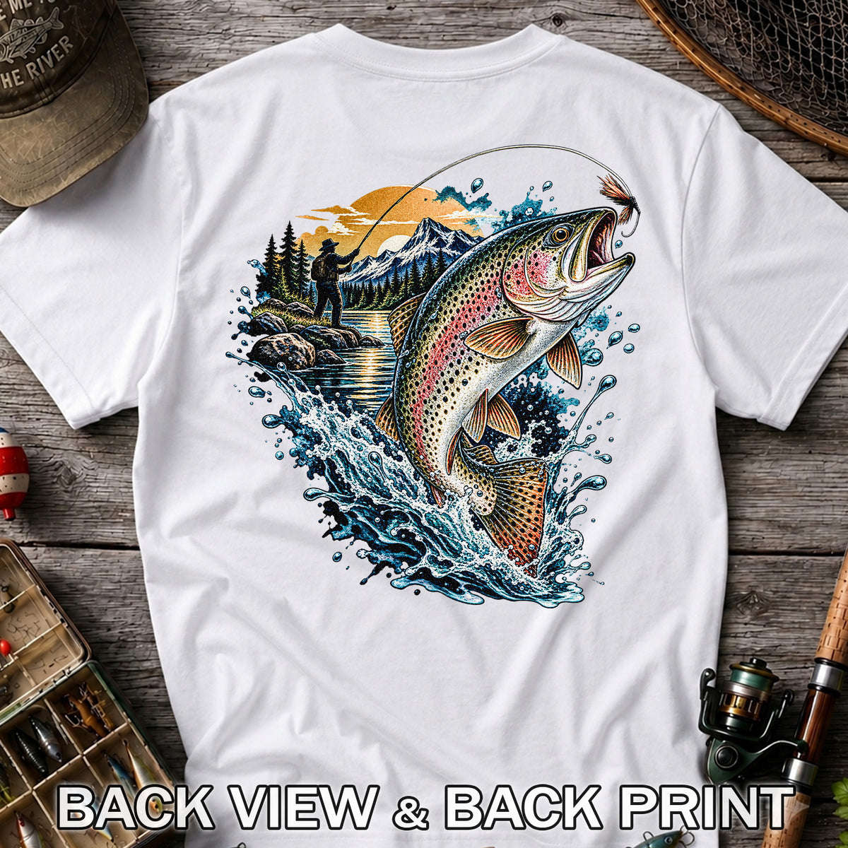Leaping Rainbow Trout Mountain River Fly Fishing Graphic T-Shirt | Back Print
