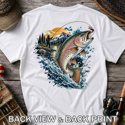 Leaping Rainbow Trout Mountain River Fly Fishing Graphic T-Shirt | Back Print