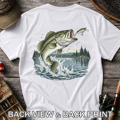 Jumping Largemouth Bass Chasing a Lure Lake Fishing Graphic T-Shirt | Back Print