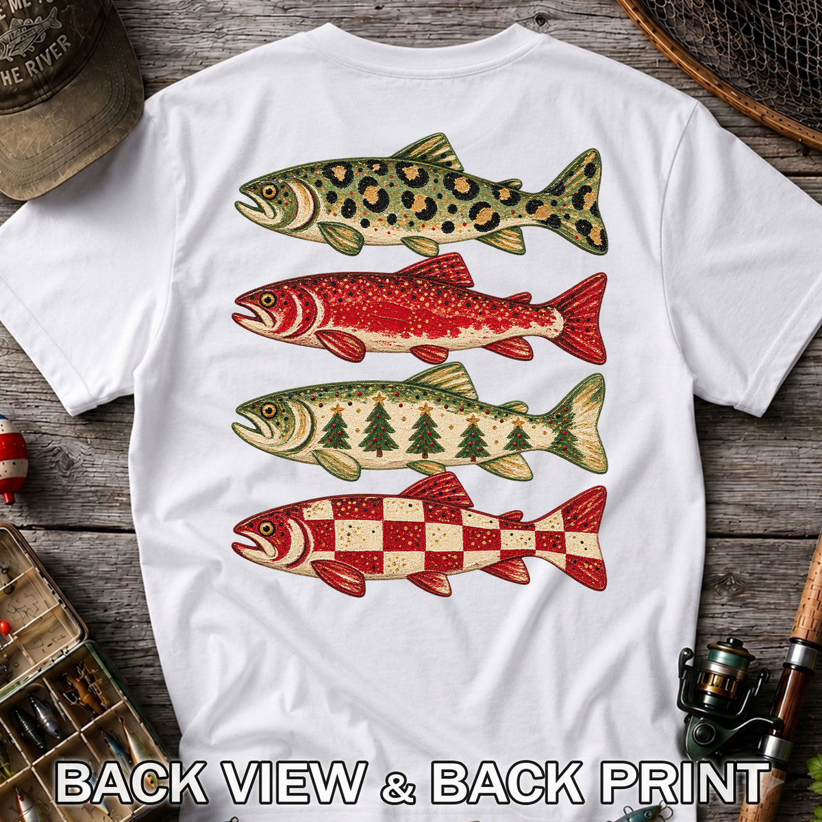 Four Seasonal Trout Patterns Christmas Fishing Graphic T-Shirt | Back Print