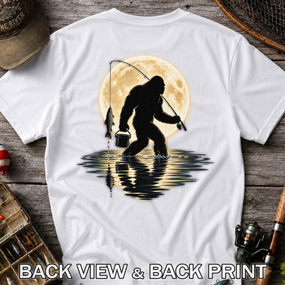 Bigfoot Fishing Under a Full Moon Graphic T-Shirt | Back Print