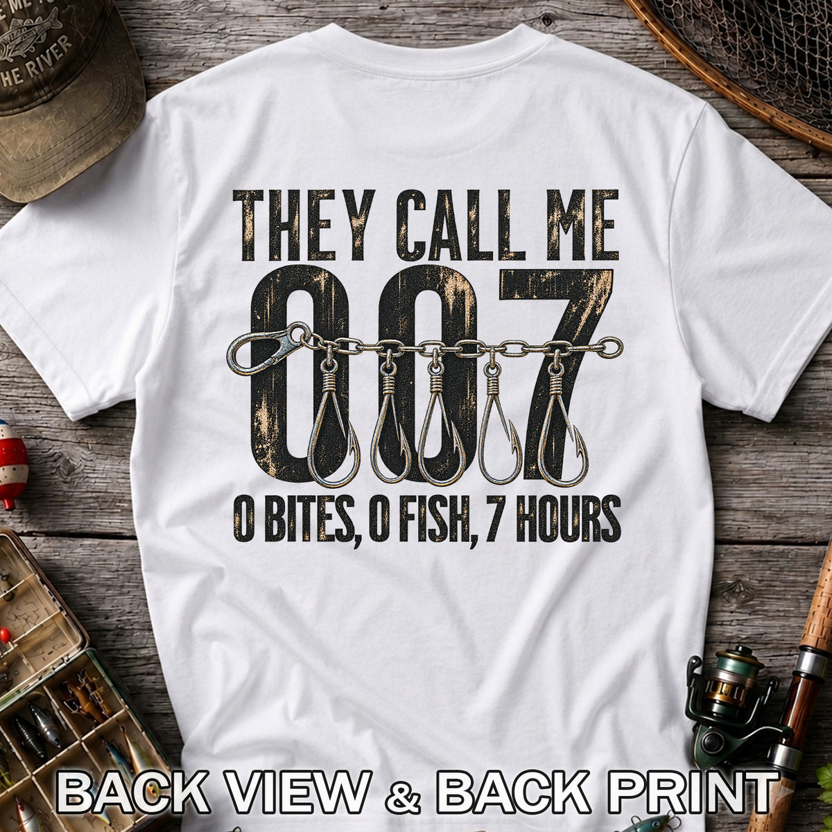 Zero Bites Fishing Hook Funny Graphic T-Shirt | Back Print
