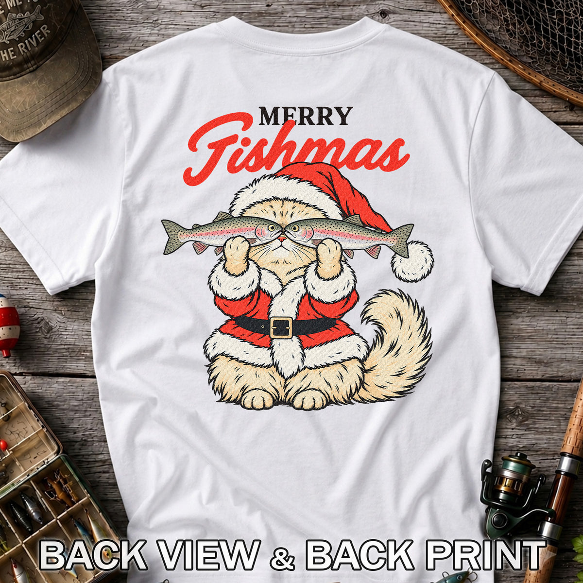Santa Cat Holding Trout Merry Christmas Fishing T-Shirt | Back Print