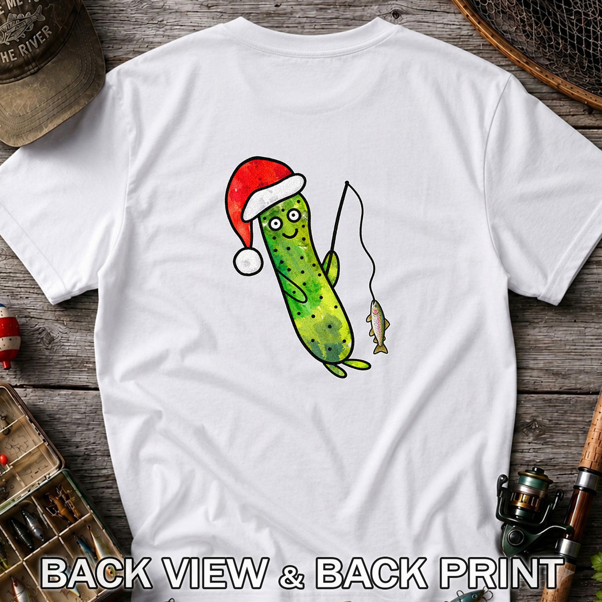 Santa Hat Cucumber Fishing for Trout Graphic T-Shirt | Back Print