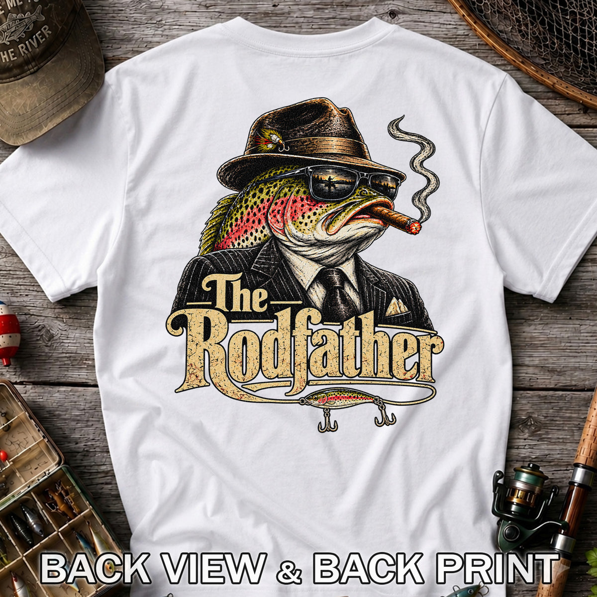The Rodfather Rainbow Trout Gangster Funny Fishing T-Shirt | Back Print