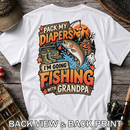 Pack My Diapers I'm Going Fishing With Grandpa Halloween Rainbow Trout T-Shirt | Back Print