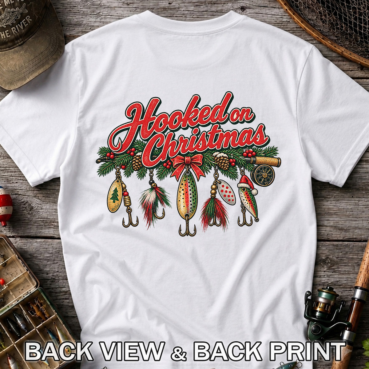 Hooked on Christmas Fishing Lure Ornaments Graphic T-Shirt | Back Print